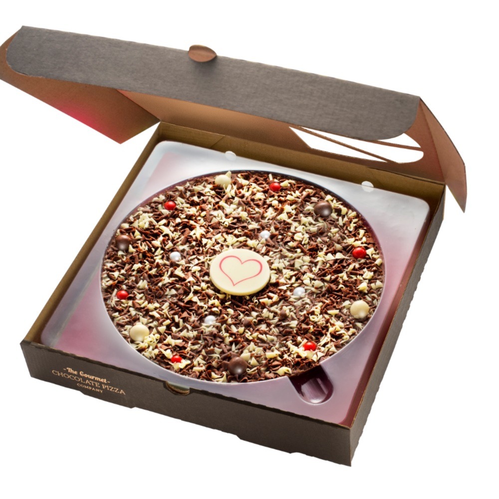 Our 10" Love Pizza is presented in a stylish black pizza box with red tissue paper.